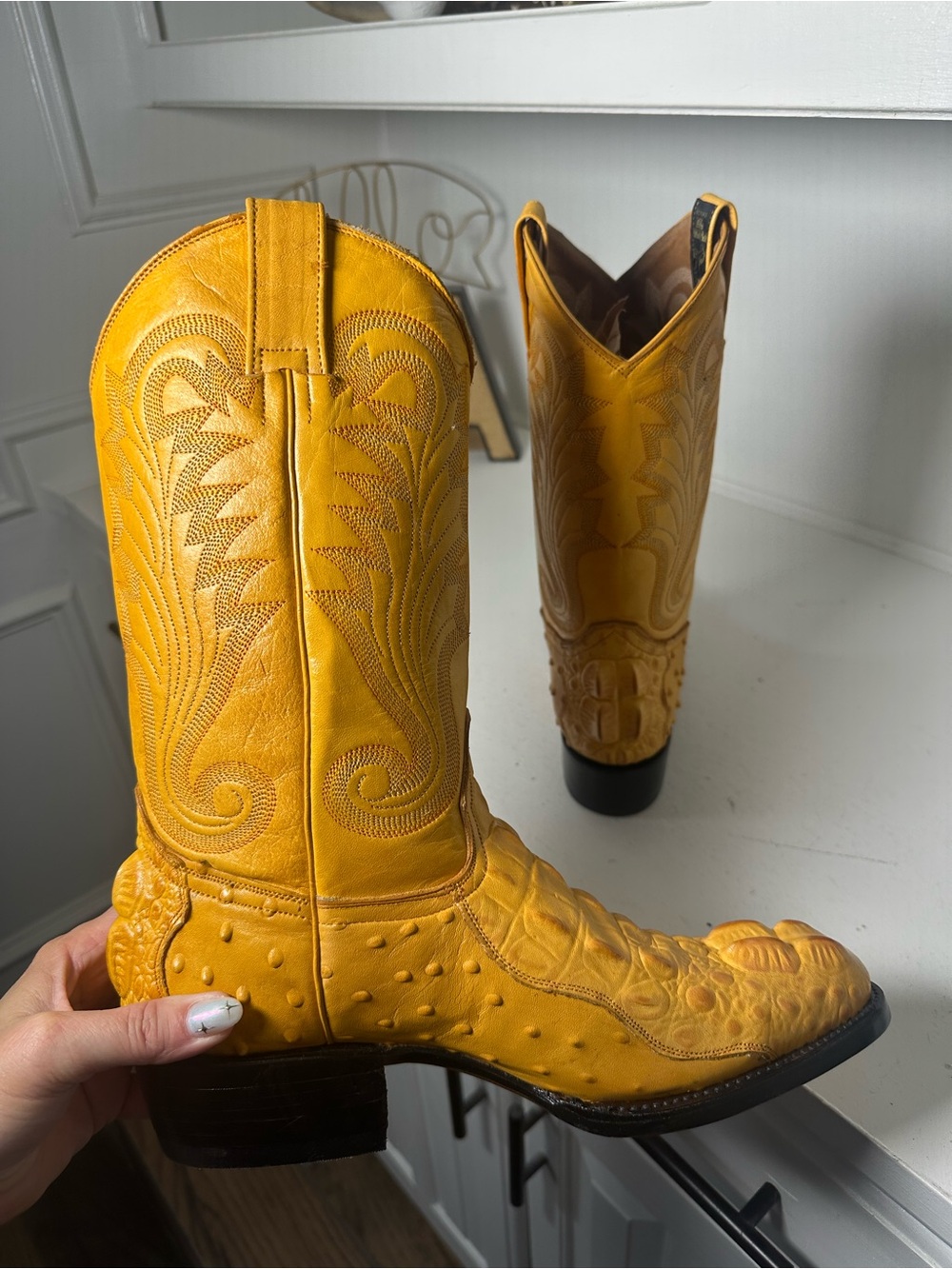 Botas El Paisa Exotic Ostrich Leg Cowboy Boots Women’s 9 Men’s 7.5 Mustard - Picture 7 of 11